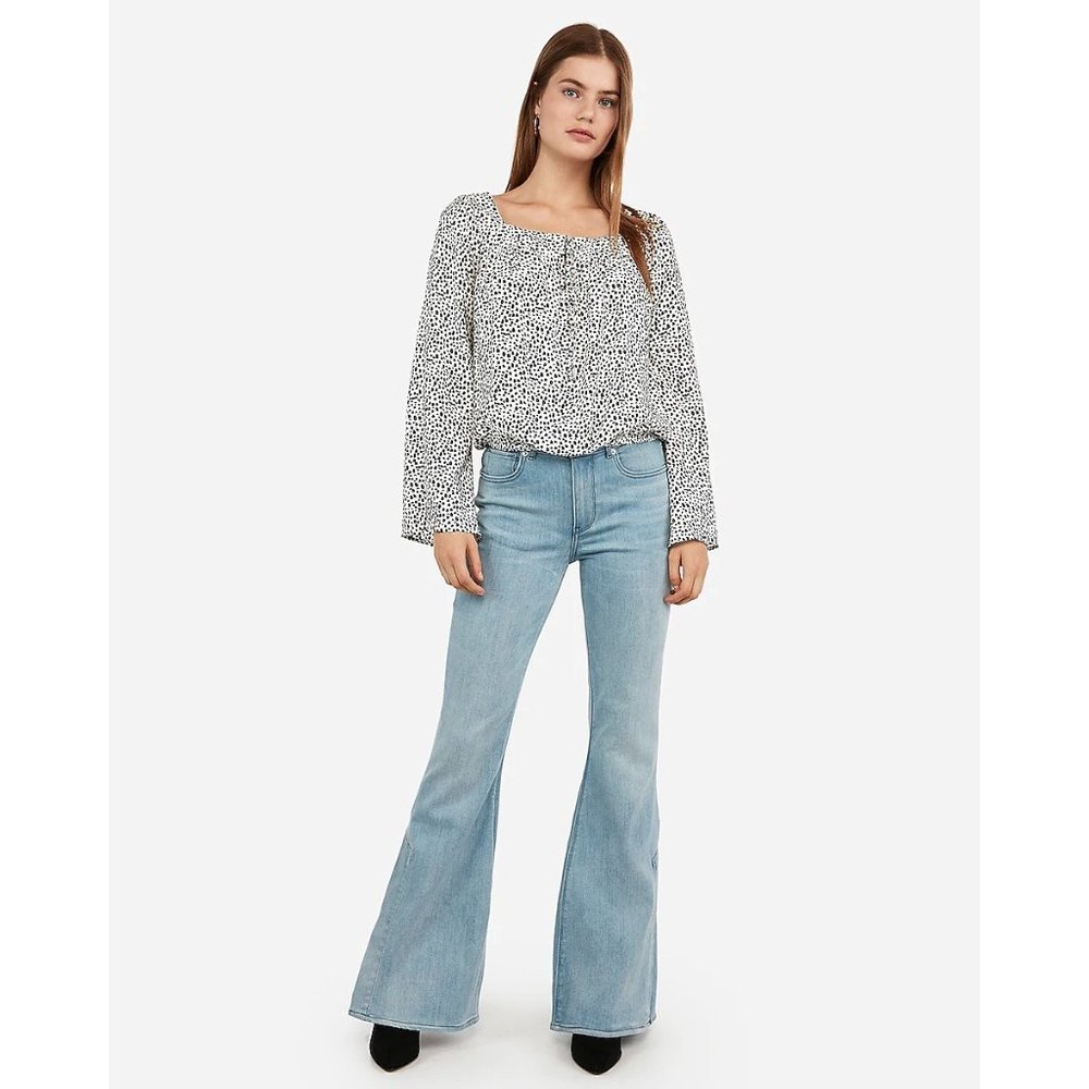 Express Button Front Bell Sleeve Banded Bottom Top